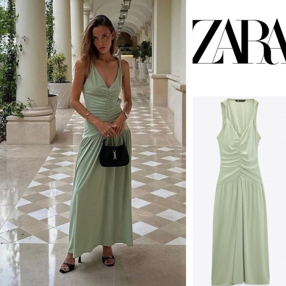 ZARA new draped ruched light green maxi dress, open back size XS